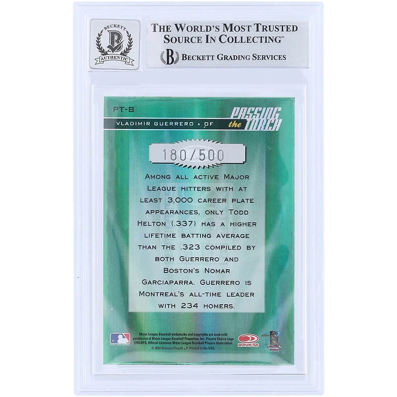 Vladimir Guerrero Montreal Expos Autographed 2004 Donruss Elite Passing the Torch Green #PT-8 #/500 Beckett Fanatics Witnessed Authenticated 10 Card