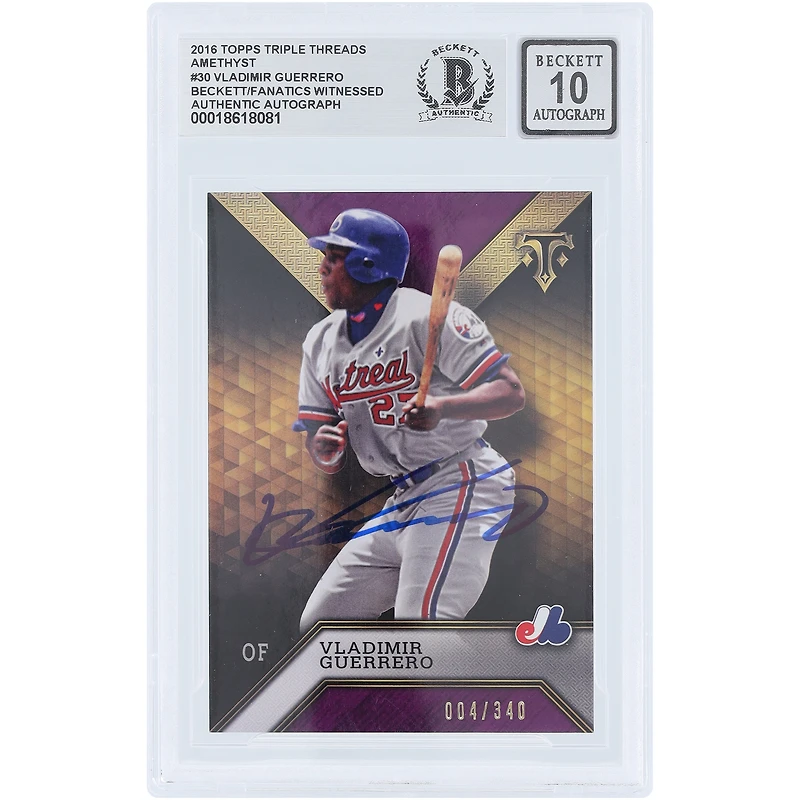 Carte autographiée de Vladimir Guerrero (Expos de Montréal) 2016 Topps Triple Threads Amethyst n° 30/340, authentifiée par Beckett Fanatics Witnessed.