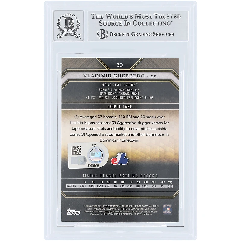 Vladimir Guerrero Montreal Expos Autographed 2016 Topps Triple Threads Amethyst #30 #/340 Beckett Fanatics Witnessed Authenticated 10 Card