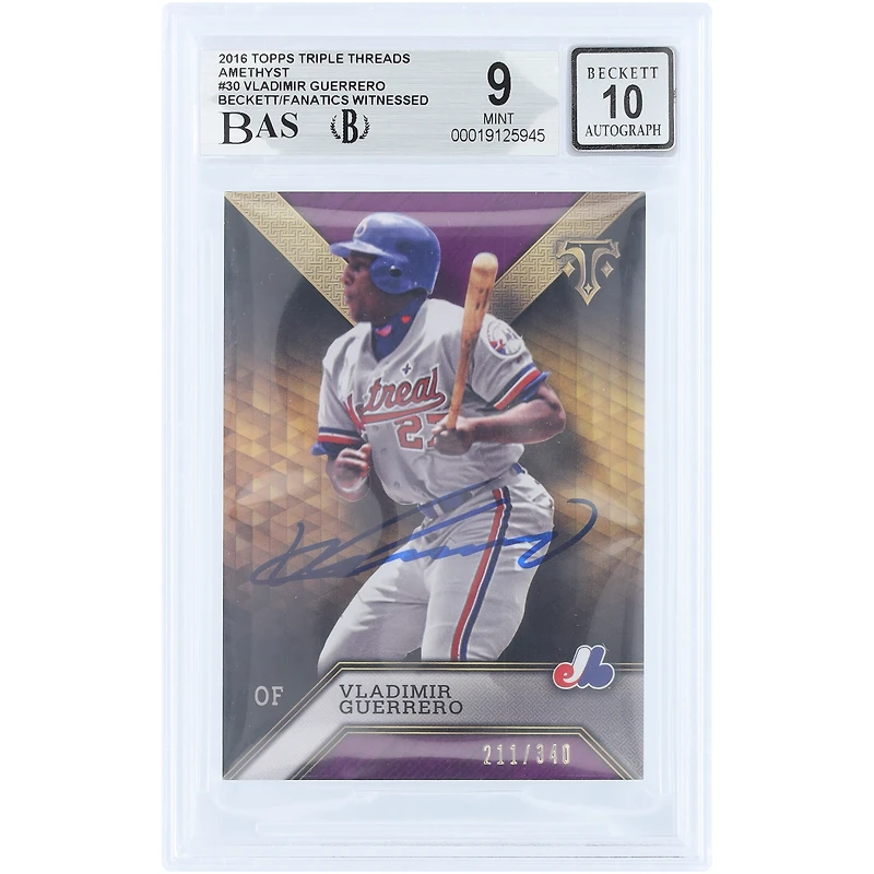Carte autographiée de Vladimir Guerrero (Expos de Montréal) de la série Topps Triple Threads Amethyst 2016, numéro 30/340, authentifiée par Beckett Fanatics Witnessed (note 9/10).