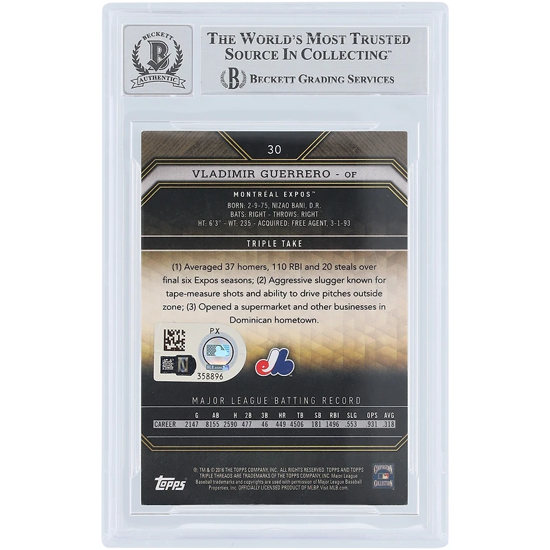 Vladimir Guerrero Montreal Expos Autographed 2016 Topps Triple Threads Emerald #30 #/250 Beckett Fanatics Witnessed Authenticated 10 Card