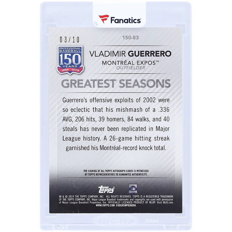 Carte autographiée Topps 150 Years of Baseball 2019 #150-83 #3/10 des Expos de Montréal par Vladimir Guerrero