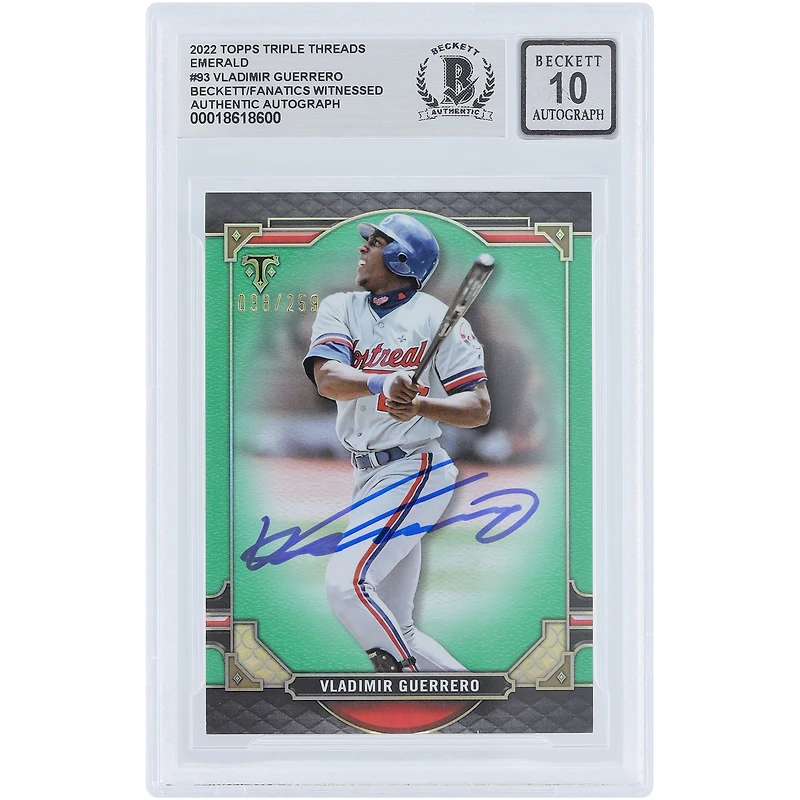 Carte autographiée de Vladimir Guerrero (Expos de Montréal), série Topps Triple Threads Emerald 2022, numéro 93, numérotée sur 259, authentifiée par Beckett Fanatics Witnessed.