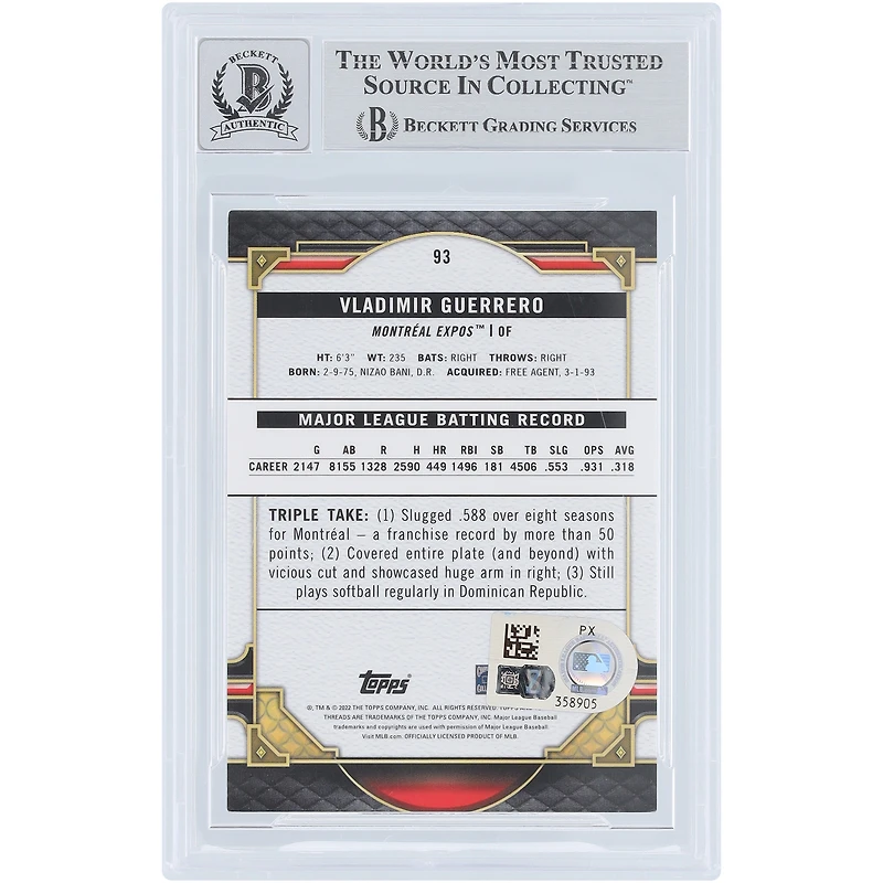Carte autographiée de Vladimir Guerrero (Expos de Montréal), série Topps Triple Threads Emerald 2022, numéro 93, numérotée sur 259, authentifiée par Beckett Fanatics Witnessed.