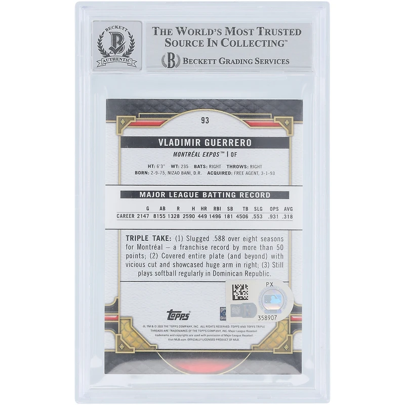 Carte autographiée de Vladimir Guerrero (Expos de Montréal), série Topps Triple Threads Emerald 2022, numéro 93/259, authentifiée par Beckett Fanatics Witnessed (note 9/10).