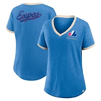 T-shirt à col en V bleu fanatiques pour femmes de la collection Cooperstown des Expos Montréal Binge Worthy Stadium Slub