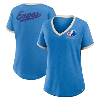 T-shirt à col en V bleu fanatiques pour femmes de la collection Cooperstown des Expos Montréal Binge Worthy Stadium Slub