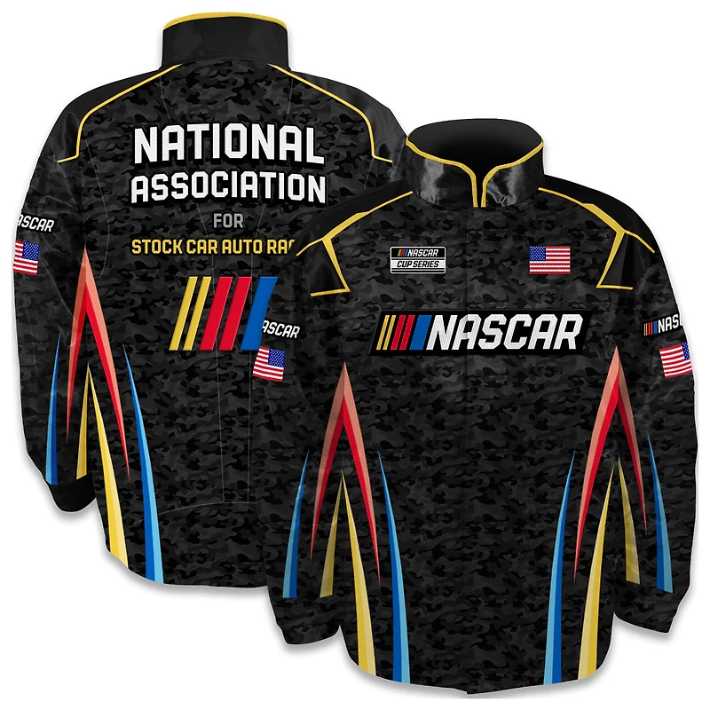 Veste d'uniforme en nylon à boutons-pression pour homme, motif drapeau damier, noir, NASCAR