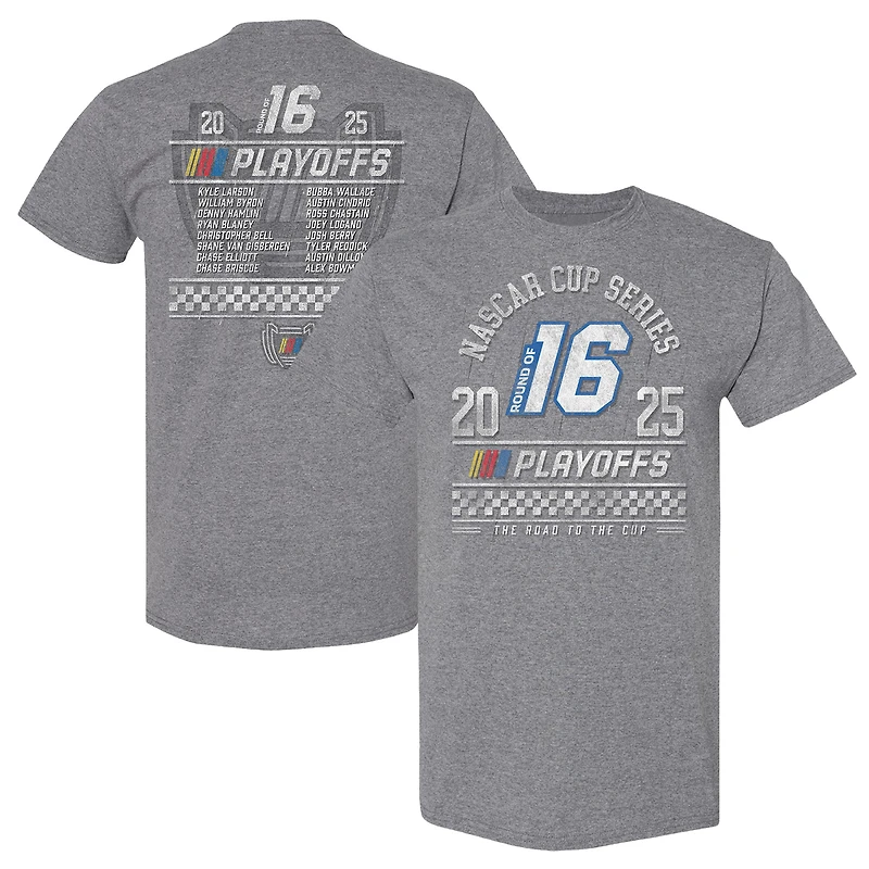 T-shirt gris chiné pour homme avec drapeau à damier et alignement des équipes séries éliminatoires