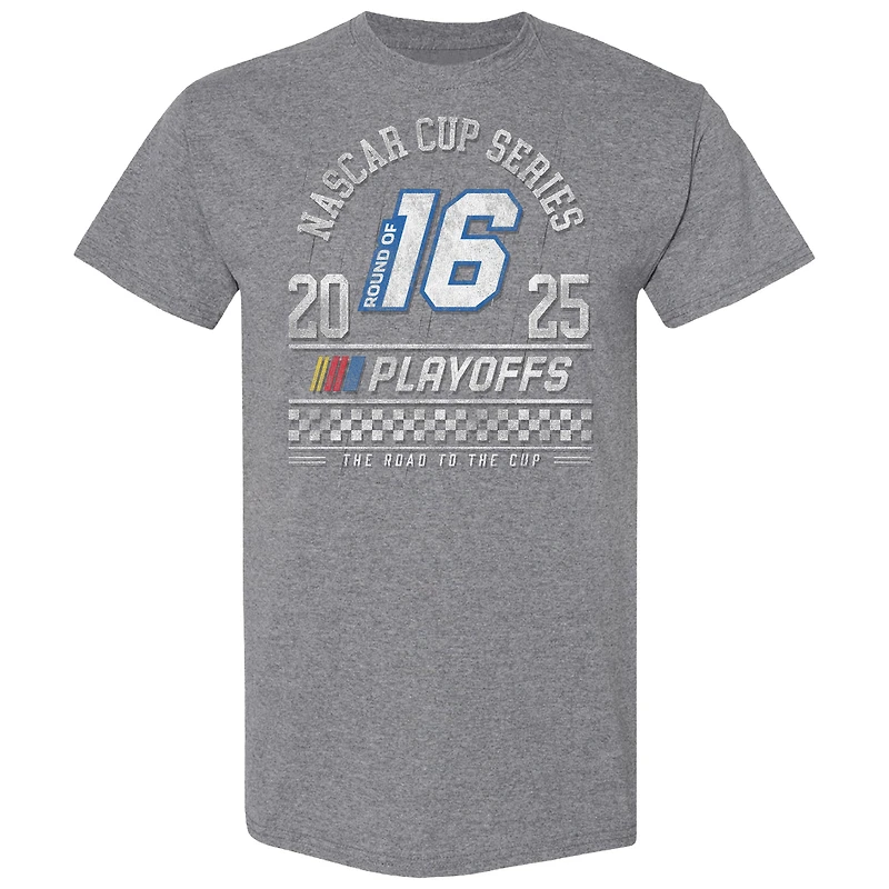 T-shirt gris chiné pour homme avec drapeau à damier et alignement des équipes séries éliminatoires