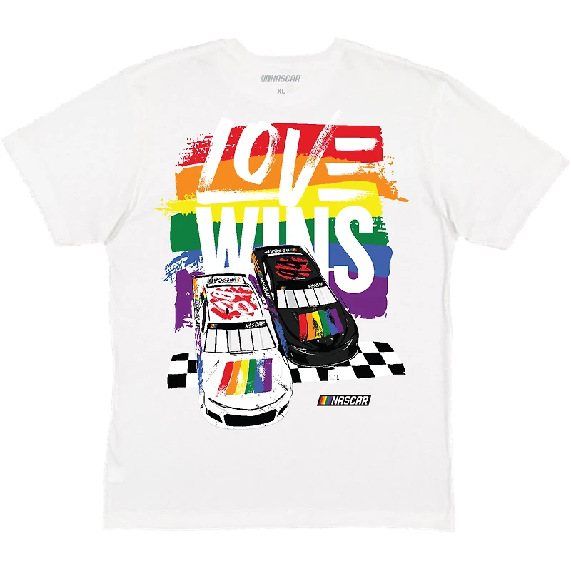 Men's Checkered Flag Sports White NASCAR Love Wins Pride T-Shirt
