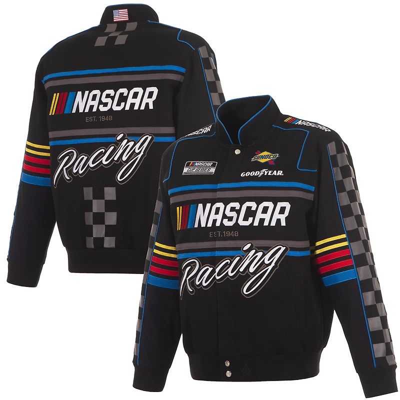 Veste d'uniforme NASCAR noire JH Design pour homme en sergé à boutons-pression