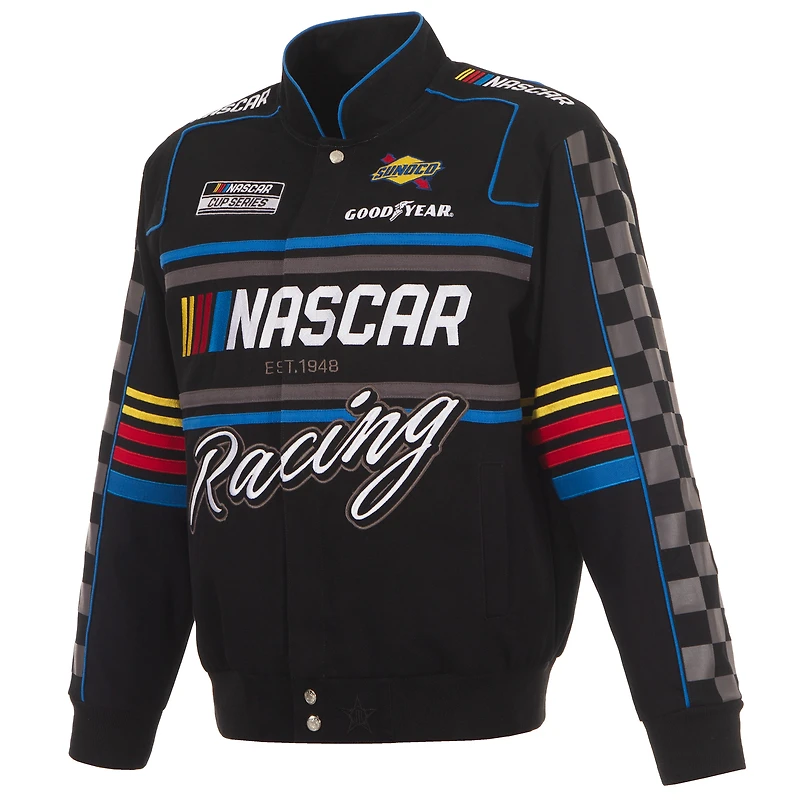 Veste d'uniforme NASCAR noire JH Design pour homme en sergé à boutons-pression