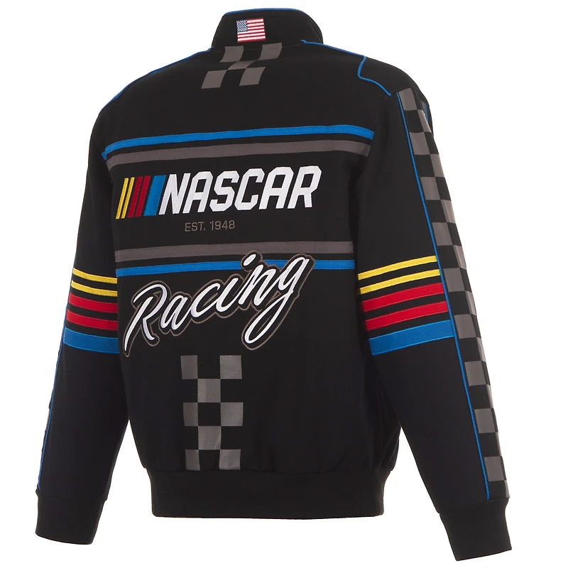 Veste d'uniforme NASCAR noire JH Design pour homme en sergé à boutons-pression