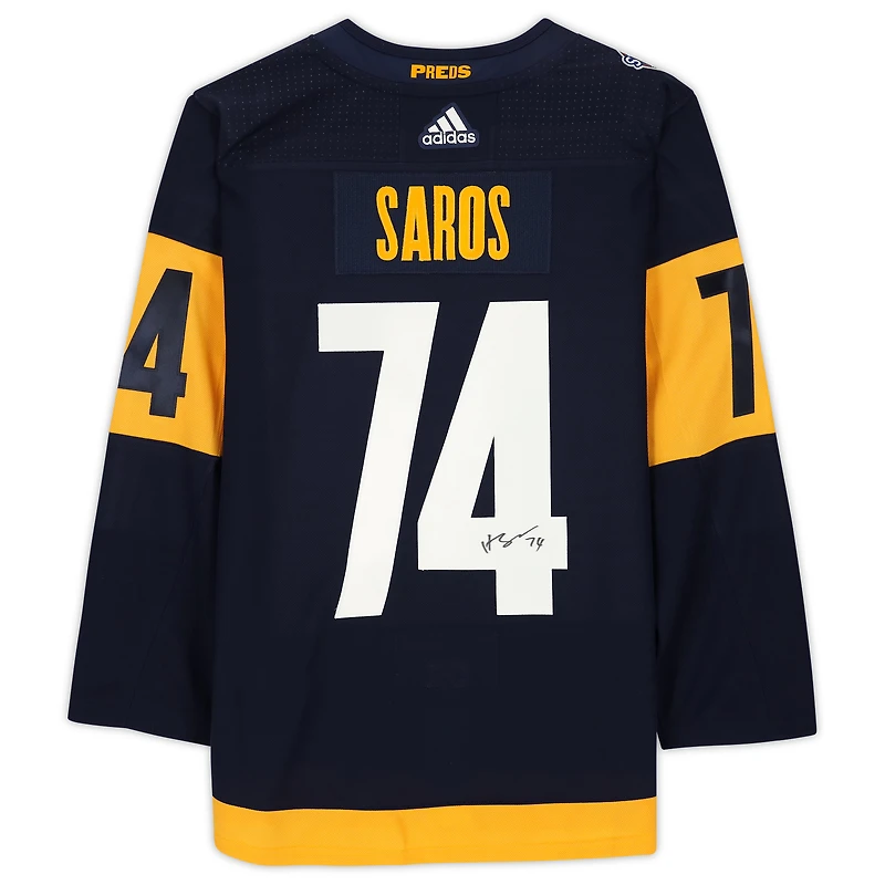 Maillot adidas authentique 2022 Stadium Series dédicacé par Juuse Saros Navy Nashville Predators