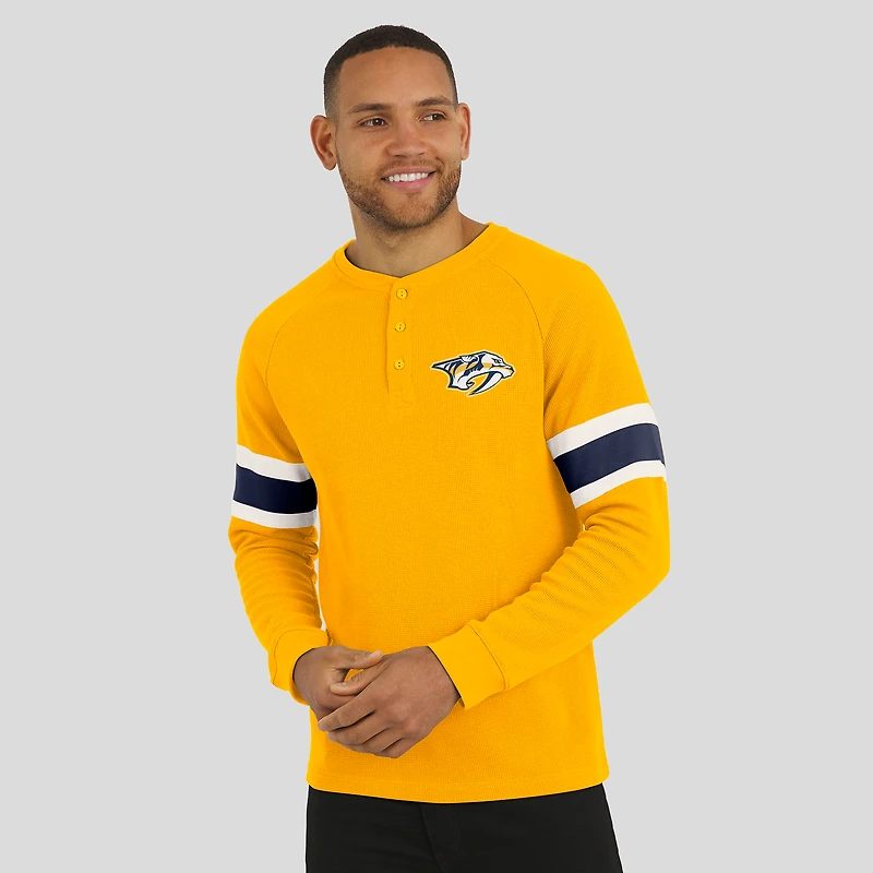 T-shirt Henley à manches longues raglan en tricot gaufré pour homme Darius Rucker Collection by Fanatics Gold des Nashville Predators