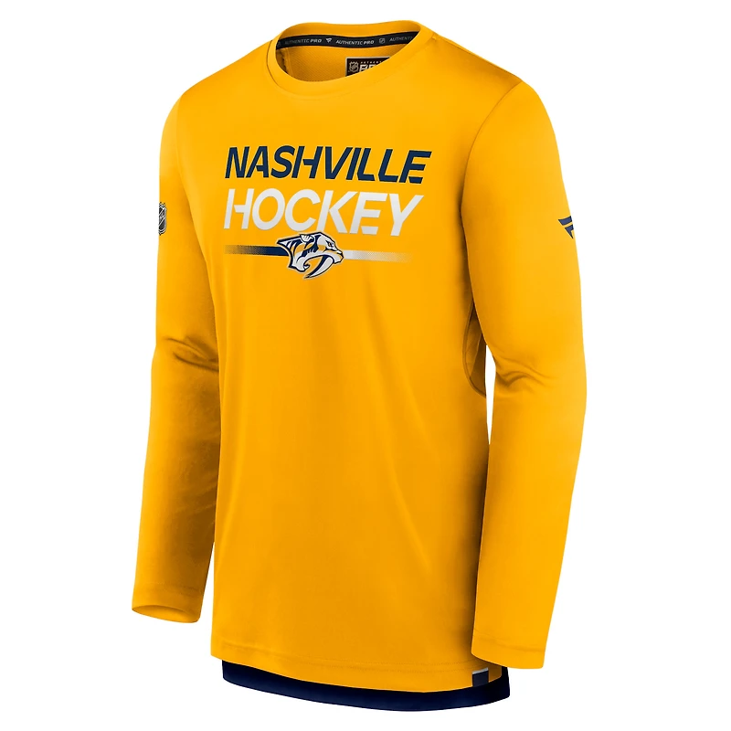 T-shirt à manches longues Authentic Pro des Predators de Nashville dorés marque Fanatics pour hommes