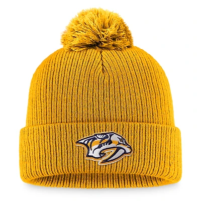 Bonnet en tricot à revers avec logo principal Nashville Predators Core doré de marque Fanatics pour hommes avec pompon