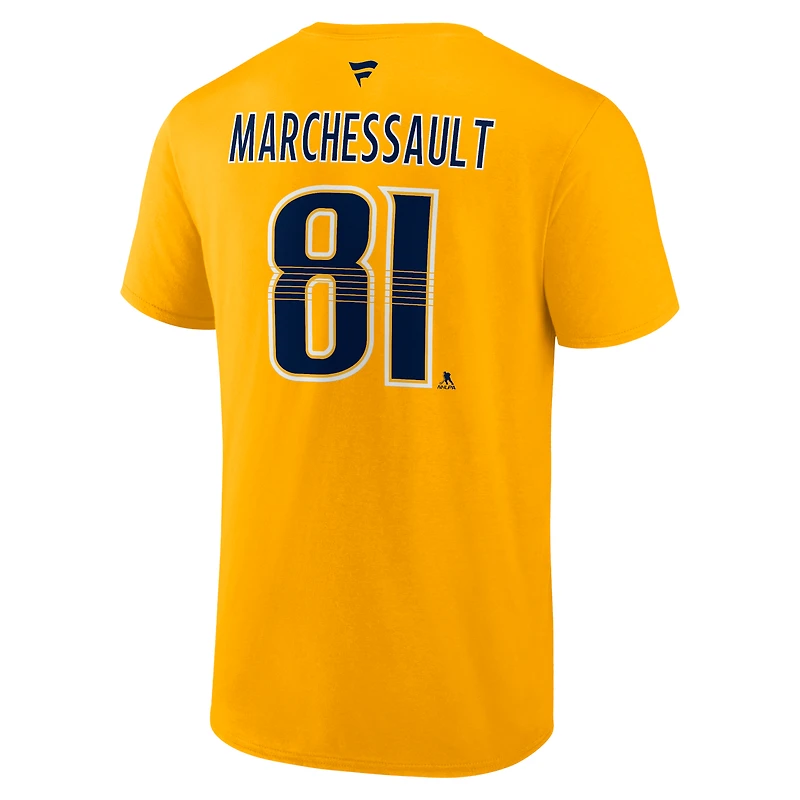 T-shirt authentique Fanatics Jonathan Marchessault Gold Nashville Predators pour homme, avec nom et numéro.