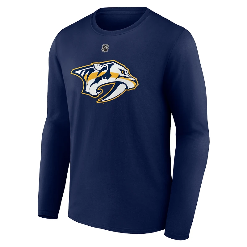 T-shirt à manches longues pour homme Fanatics Steven Stamkos bleu marine Nashville Predators Authentic Stack Name & Number