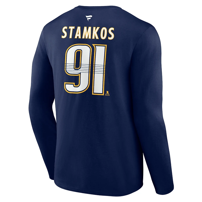 T-shirt à manches longues pour homme Fanatics Steven Stamkos bleu marine Nashville Predators Authentic Stack Name & Number