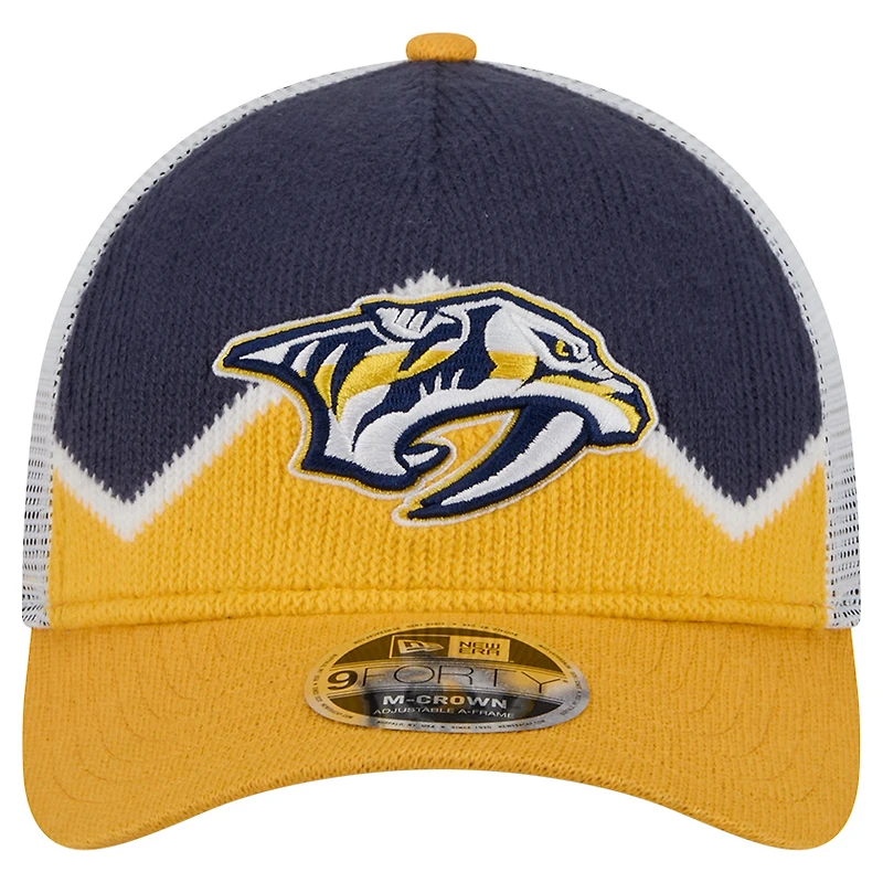 Casquette de camionneur ajustable New Era 9FORTY A-Frame M-Crown pour homme, couleur or/bleu marine, des Nashville Predators