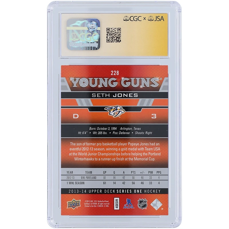 Seth Jones Nashville Predators Autographed 2013-14 Upper Deck Series One Young Guns #228 CGC Fanatics Witnessed Authenticated 9.5/10 Rookie Card