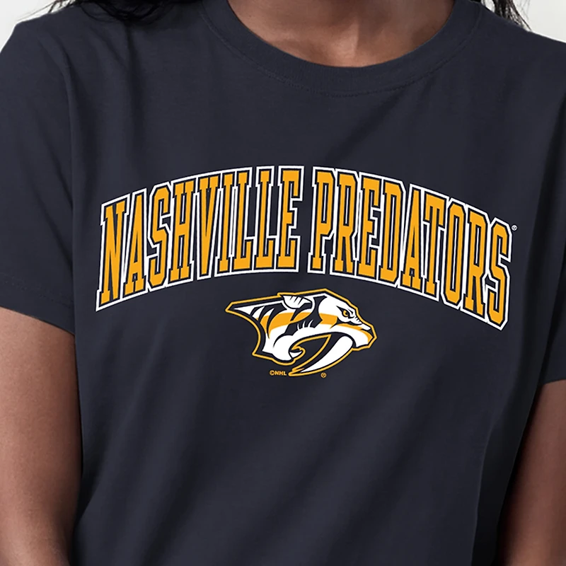 Women's Champion Navy Nashville Predators Arch Mascot Logo T-Shirt