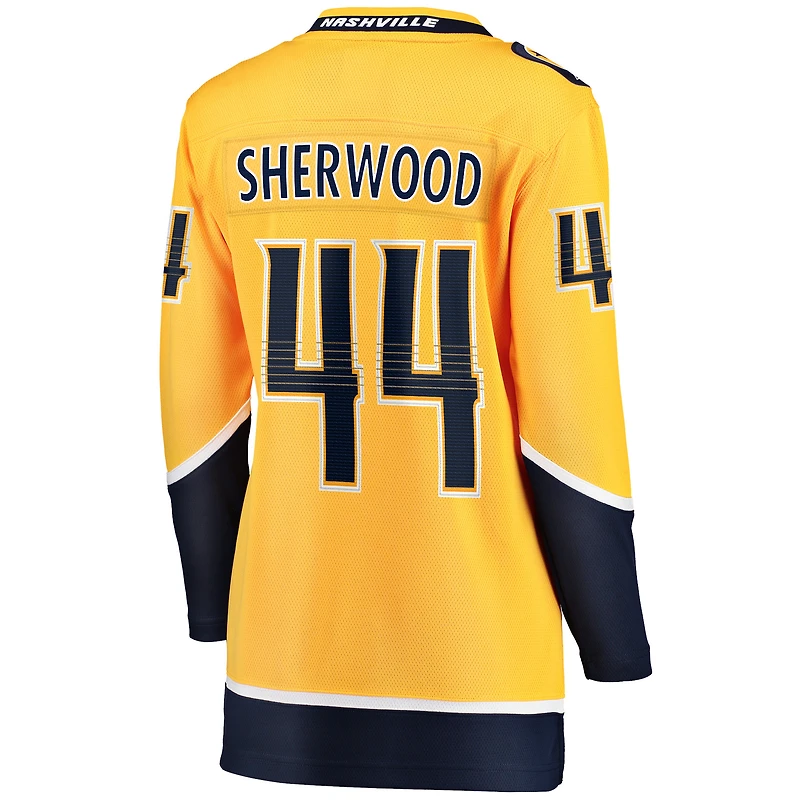 Women's Fanatics Kiefer Sherwood Gold Nashville Predators Home Breakaway Player Jersey
