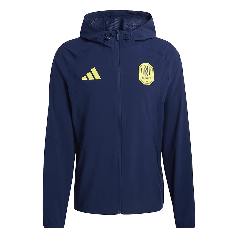 Coupe-vent à capuche zippé adidas Nashville SC Tiro Travel pour homme, bleu marine