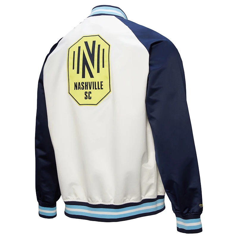 Veste à boutons-pression en satin léger blanc/bleu marine Nashville SC 2025 pour homme Mitchell & Ness