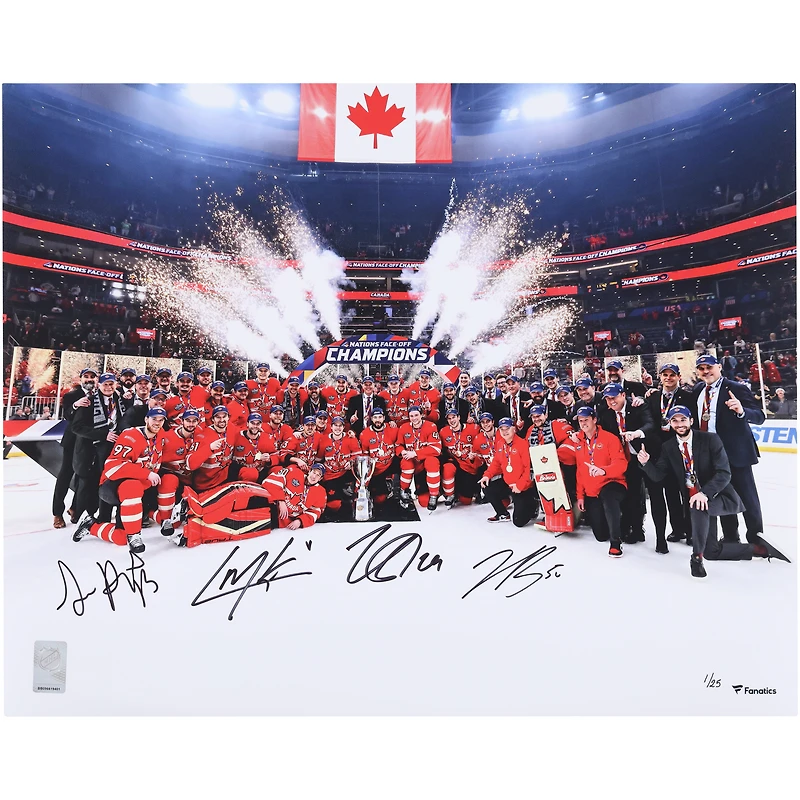 Nathan MacKinnon, Cale Makar, Sam Reinhart & Jordan Binnington Canada Autographed 16" x 20" 4 Nations Face-Off Champions Team Celebration Photograph