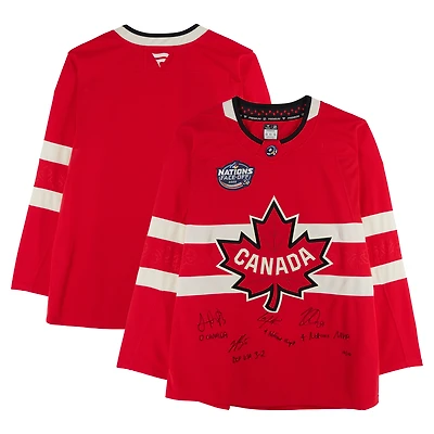 Nathan MacKinnon, Cale Makar, Sam Reinhart & Jordan Binnington Canada Autographed Red 4 Nations Face-Off Fanatics Premium Jersey with Multiple Inscriptions - Limited Edition #10/10