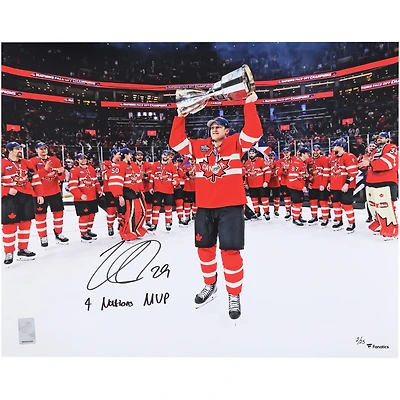Nathan MacKinnon Canada Autographed 16" x 20" 4 Nations Face-Off Champions Celebration Photograph with "4 Nations MVP" Inscription - Limited Edition of 25