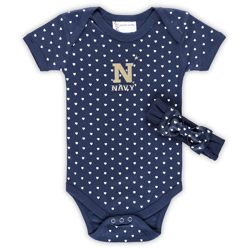 Ensemble body et bandeau pour nouveau-né bébé fille, motif cœurs de marin la marine