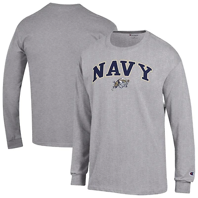 T-shirt à manches longues Champion Heather Grey Navy Midshipmen Arch Over Logo pour homme
