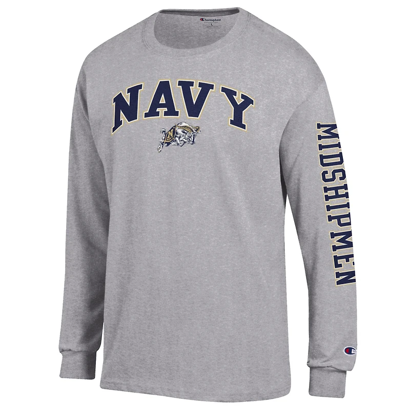 Men's Champion  Heather Gray Navy Midshipmen Arch Over Logo 2-Hit Long Sleeve T-Shirt