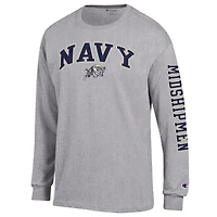 Men's Champion  Heather Gray Navy Midshipmen Arch Over Logo 2-Hit Long Sleeve T-Shirt