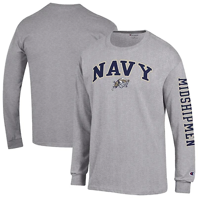 Men's Champion  Heather Gray Navy Midshipmen Arch Over Logo 2-Hit Long Sleeve T-Shirt