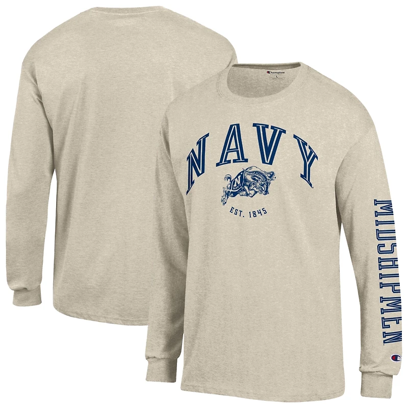 T-shirt à manches longues Champion Heather Oatmeal Navy Midshipmen Neutral Arch pour homme