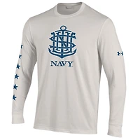 T-shirt à manches longues Under Armour Cream Navy Midshipmen, collection Sideline, pour homme, modèle HeatGear, édition spéciale 250e anniversaire.