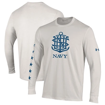 T-shirt à manches longues Under Armour Cream Navy Midshipmen, collection Sideline, pour homme, modèle HeatGear, édition spéciale 250e anniversaire.