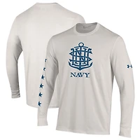 T-shirt à manches longues Under Armour Cream Navy Midshipmen, collection Sideline, pour homme, modèle HeatGear, édition spéciale 250e anniversaire.