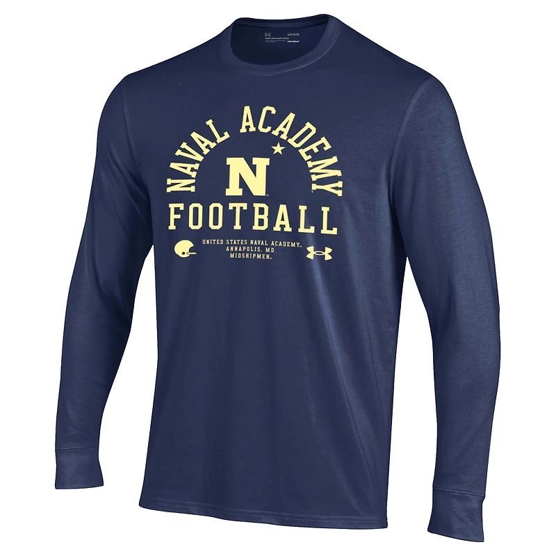 Men's Under Armour Navy Midshipmen 2025 Sideline Football Performance Cotton Long Sleeve T-Shirt