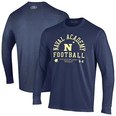 Men's Under Armour Navy Midshipmen 2025 Sideline Football Performance Cotton Long Sleeve T-Shirt