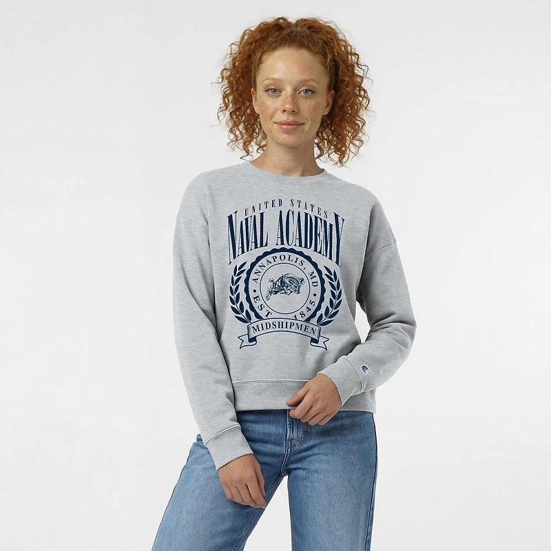 Sweat-shirt à col rond Powerblend gris chiné marine pour femme, modèle Midshipmen Academic Crest, de la marque Champion.