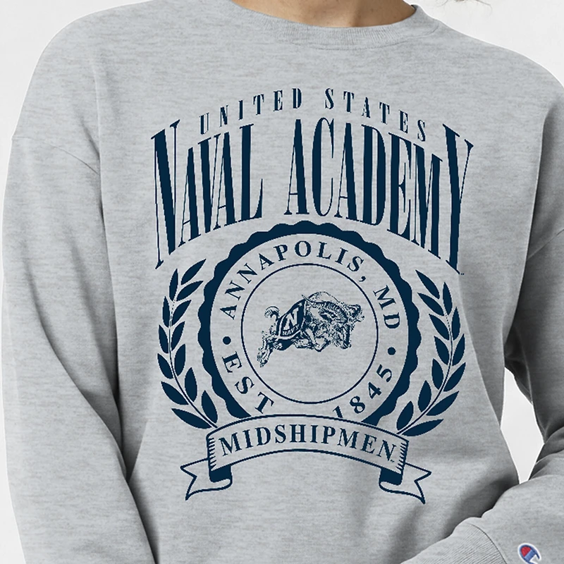Women's Champion Heather Gray Navy Midshipmen Academic Crest Powerblend Crewneck Sweatshirt
