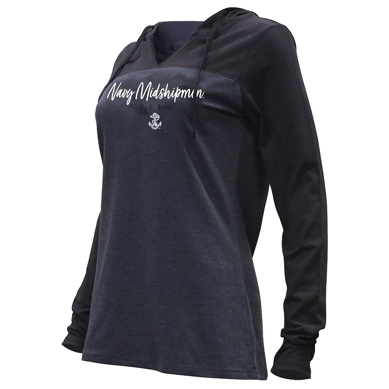 T-shirt à manches longues et col en V blocs de couleur bleu marine chiné pour femme