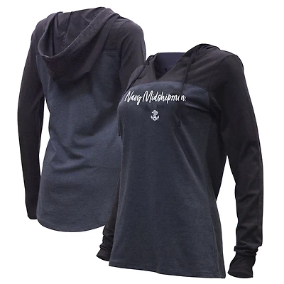 Women's Heather Navy Midshipmen Knockout Color Block Hooded V-Neck Long Sleeve T-Shirt