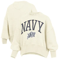 Women's Pressbox Natural Navy Midshipmen Oversized Waist-Length Crewneck Sweatshirt
